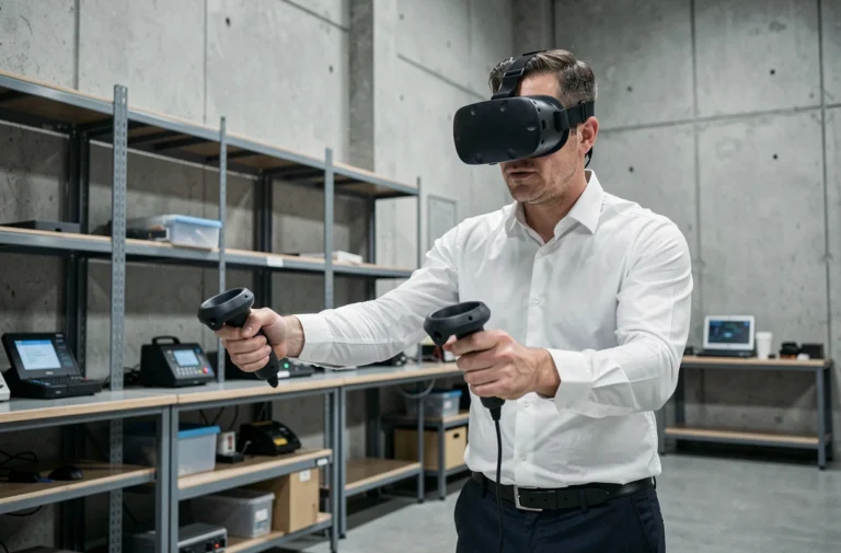 Ingénieur portant un casque de réalité virtuelle lors d'une session de formation professionnelle dans un laboratoire industriel moderne