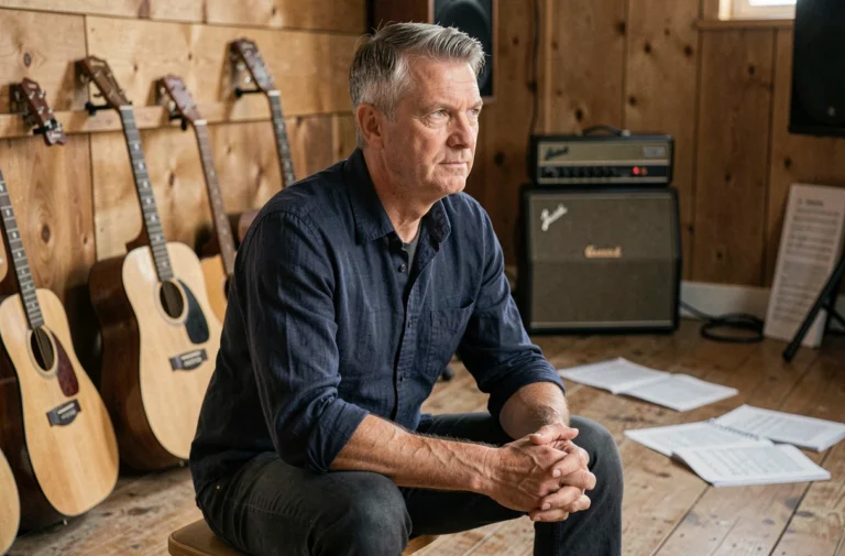 Musicien français dans une salle de répétition entouré de guitares, regard pensif et posture apaisée