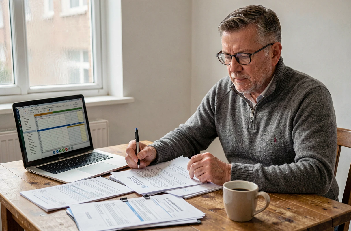 Copropriétaire gérant lui-même les documents administratifs d'une copropriété à deux lots depuis sa cuisine