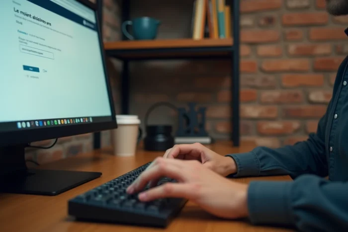 Gros plan de mains tapant une adresse avec l'abréviation Apt. dans un formulaire en ligne sur ordinateur de bureau