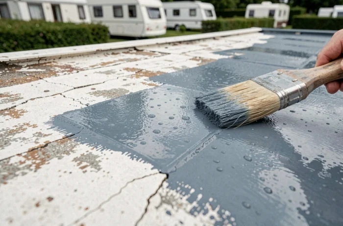 Gros plan sur l'application d'une peinture élastomère bleue sur une toiture de mobil home fissurée et vieillie