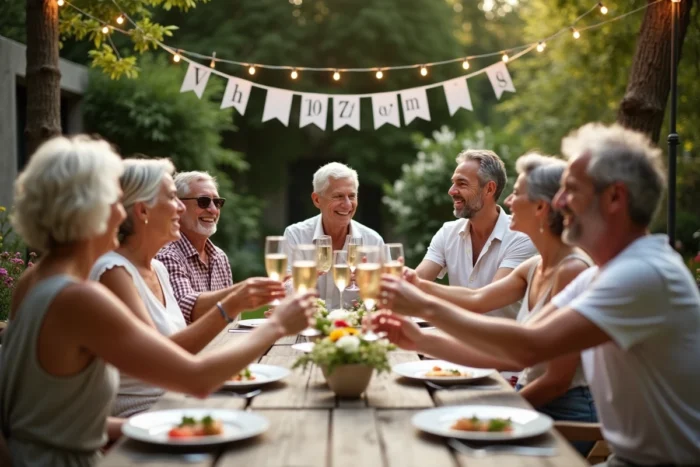 Groupe d'amis célébrant un anniversaire de 70 ans en portant un toast dans un jardin fleuri