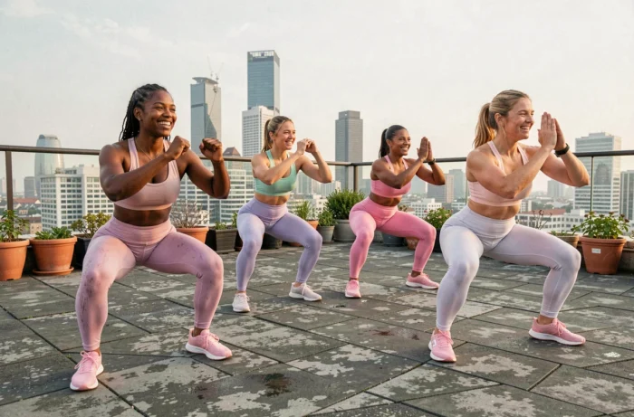 Groupe de sportifs en cours de fitness fonctionnel sur un rooftop urbain, tendances sport collectif et motivation 2024