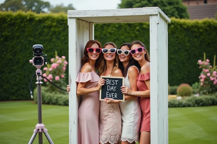 Groupe d'invités joyeux posant avec des accessoires dans un photobooth en bois blanc installé dans un jardin fleuri lors d'un mariage en extérieur