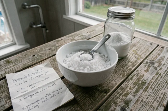 Gros plan sur du percarbonate de soude dans un bol avec une cuillère doseuse et un guide de dosage manuscrit pour piscine
