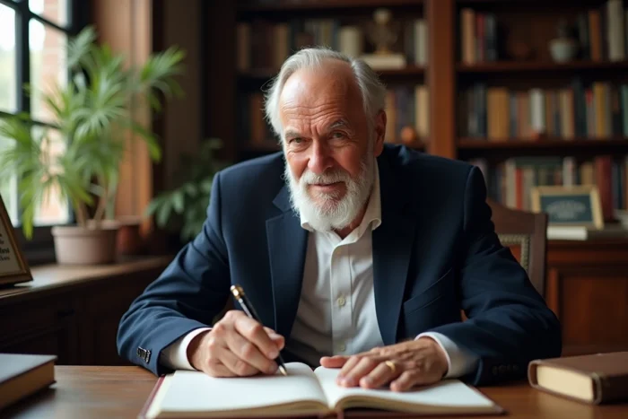 Homme de 70 ans écrivant un message d'anniversaire inspirant dans un livre d'or dans un bureau chaleureux