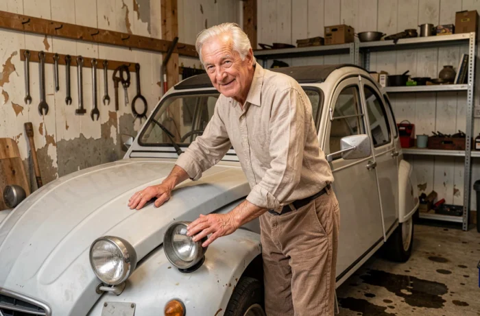 Un homme âgé avec affection près de sa vieille 2CV appelée titine dans un garage rural français