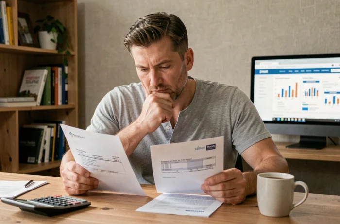 Homme analysant seul deux offres de prêt immobilier et de crédit consommation dans son bureau à domicile