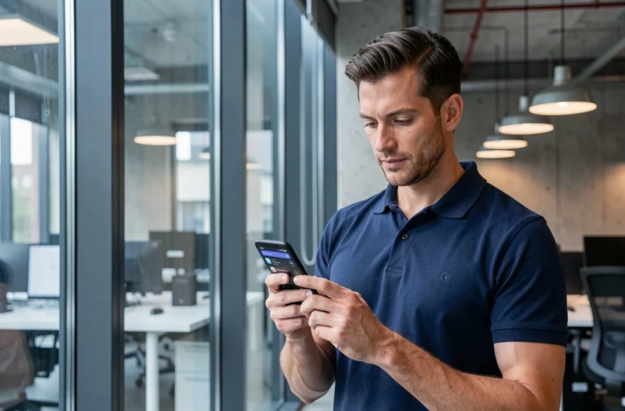 Homme utilisant les paramètres Android sur son smartphone dans un espace de coworking urbain contemporain