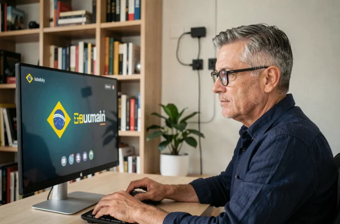 Homme d'affaires naviguant sur Apple TV avec une application de streaming brésilienne dans un bureau à domicile