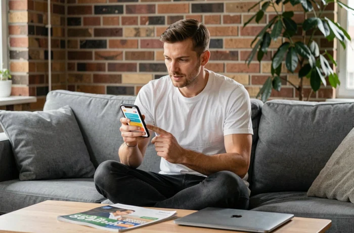 Jeune homme utilisant une application de gestion budgétaire sur smartphone dans un salon moderne