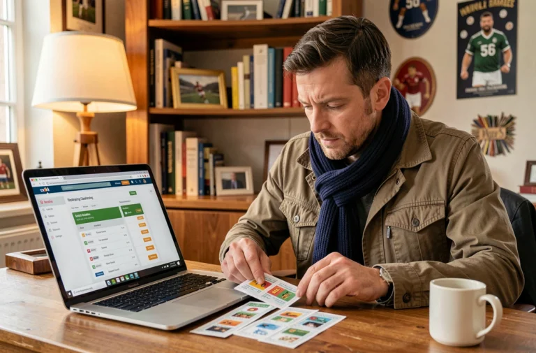 Un homme concentré examine des billets de finale de Ligue des champions à son bureau avec un ordinateur portable ouvert sur un site de billetterie
