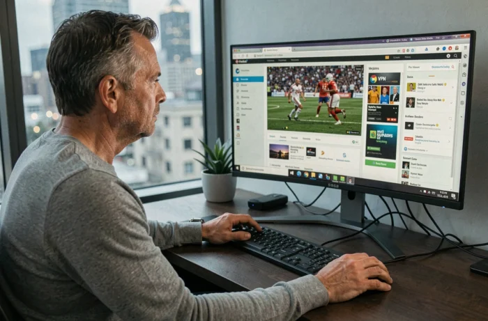 Homme consultant des astuces pour le streaming foot en direct sur son ordinateur de bureau à domicile