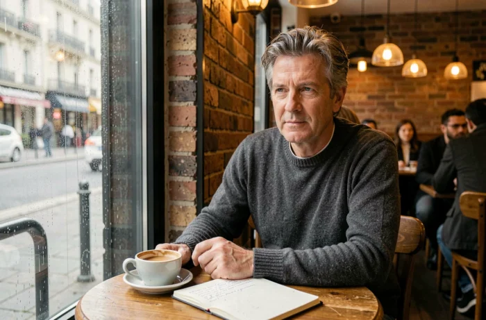 Homme pensif dans un café parisien avec un cahier ouvert et une tasse de café sur la table