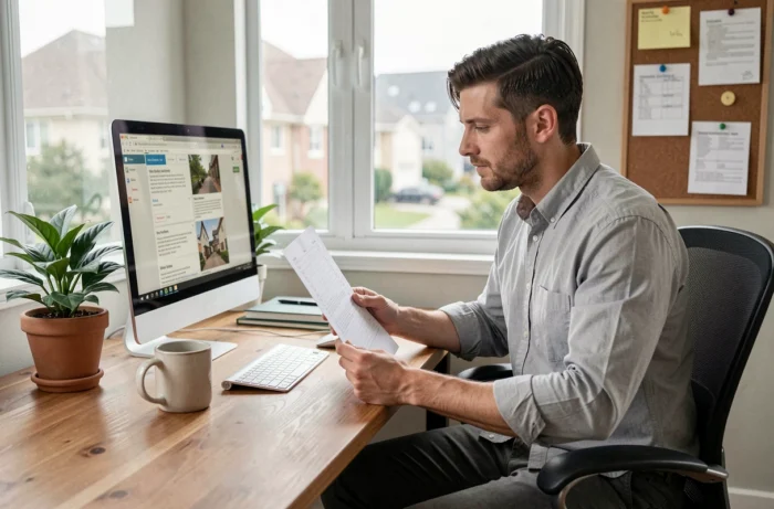 Homme comparant des annonces de location immobilière sur un ordinateur dans un bureau à domicile