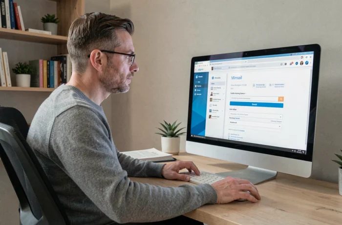 Homme configurant un compte webmail académique sur un écran d'ordinateur de bureau à domicile
