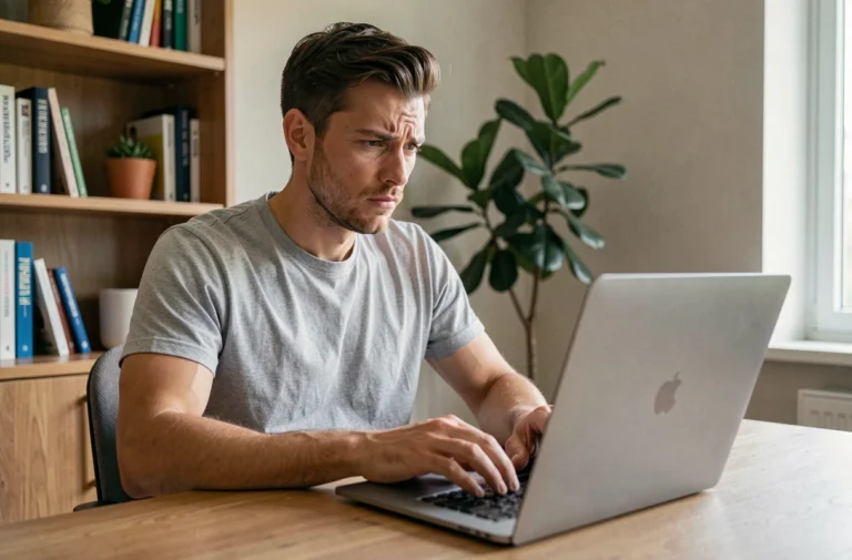 Homme frustré devant son ordinateur portable essayant d'accéder à une plateforme introuvable