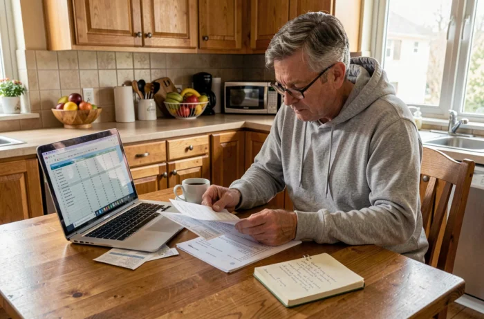 Homme gérant son budget familial avec des documents et un ordinateur portable dans une cuisine moderne