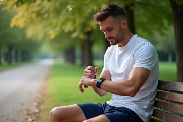 Homme consultant sa montre connectée pendant une pause après un entraînement en plein air dans un parc urbain