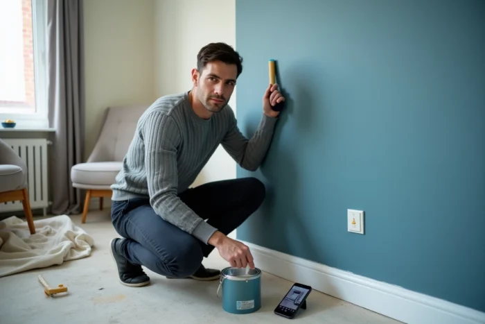 Homme peignant un mur en bleu ardoise lors de travaux de rénovation déco dans un intérieur contemporain