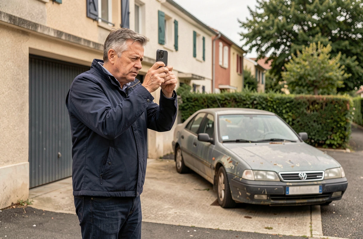 Homme photographiant une voiture ventouse bloquant l'entrée de son garage en zone résidentielle