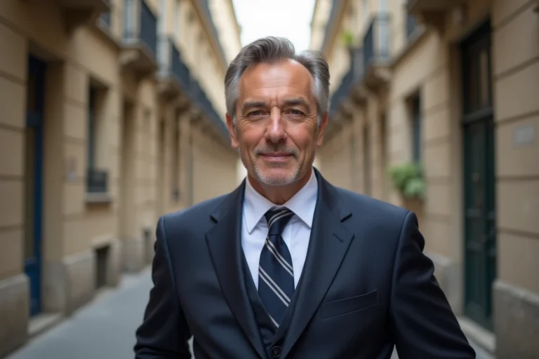 Portrait d'un homme politique français en costume sombre dans une rue parisienne, illustrant la vie discrète d'une personnalité publique