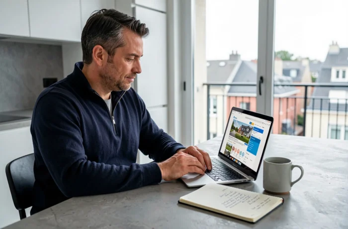 Homme recherchant des annonces immobilières en ligne sur un ordinateur portable dans une cuisine moderne