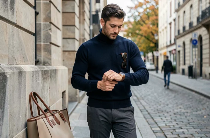 Homme élégant dans une rue pavée européenne réglant sa montre en cuir, avec un sac tote structuré et des lunettes de soleil tendance