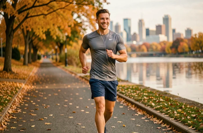 Homme courant sur un chemin au bord de l'eau en automne, tendances running et motivation sportive 2024