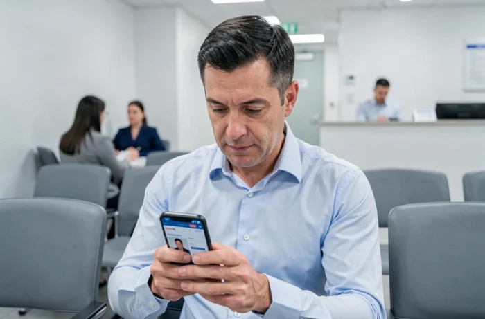 Homme consultant un site de santé fiable sur son smartphone dans une salle d'attente médicale moderne