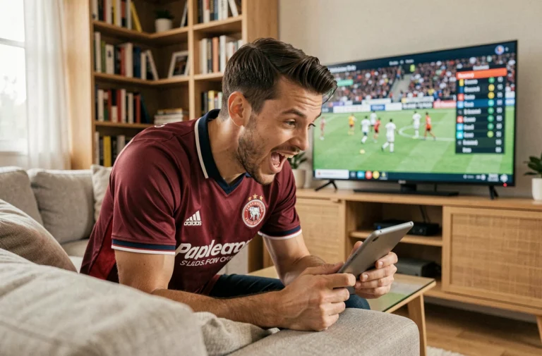 Homme regardant un match de football en streaming sur une tablette dans son salon