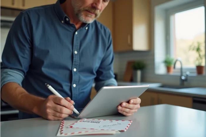 Homme utilisant une tablette pour saisir une adresse avec abréviation appartement dans un formulaire administratif