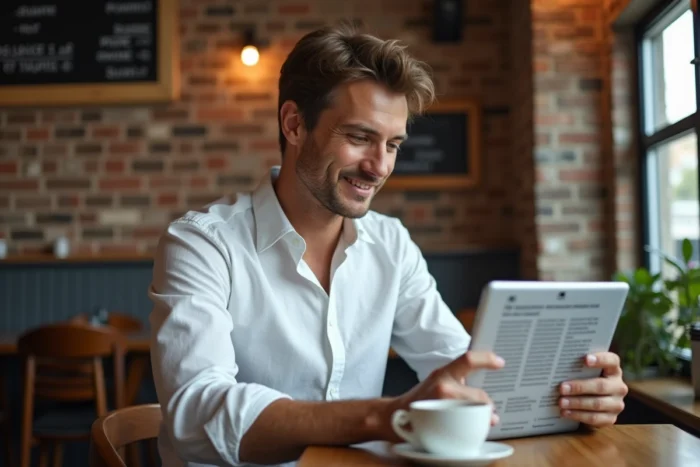 Homme consultant la Revue de l'Entreprise sur une tablette dans un café urbain