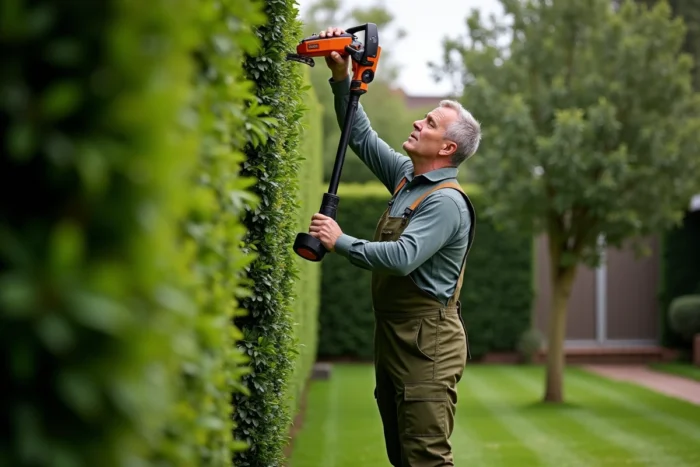 Homme utilisant un taille-haie télescopique pour tailler une haute haie dans un jardin soigné