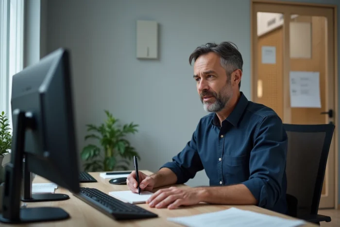 Homme en télétravail dans un bureau à domicile minimaliste avec double écran et carnet de notes