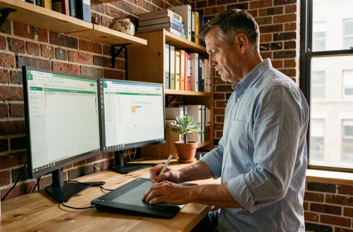 Homme utilisant une tablette graphique et deux écrans pour optimiser sa productivité en télétravail avec des logiciels de bureautique