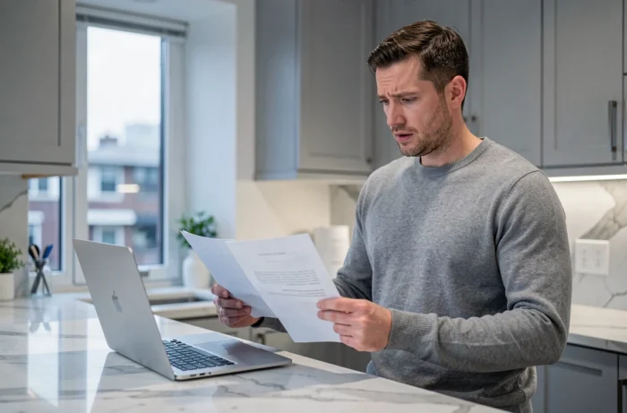 Homme consultant un site web pour vérifier un numéro 0270 avant de contacter un service client