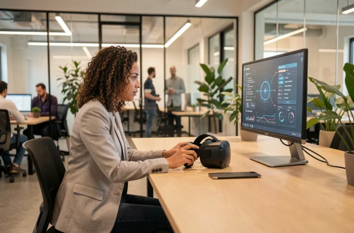 Professionnelle en environnement de travail collaboratif examinant un casque VR pour la formation et l'innovation en entreprise