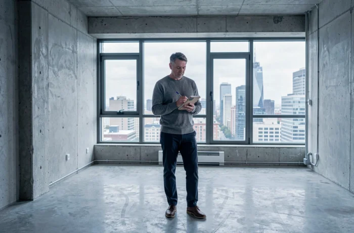 Propriétaire inspectant un appartement vide à rénover avec vue sur la ville avant une vente immobilière