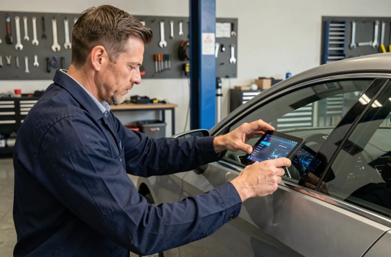 Technicien automobile installant un affichage tête haute innovant sur le tableau de bord d'une voiture moderne en 2024