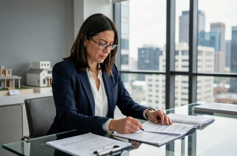 Femme investisseuse immobilière analysant des documents dans un bureau moderne avec vue sur la ville