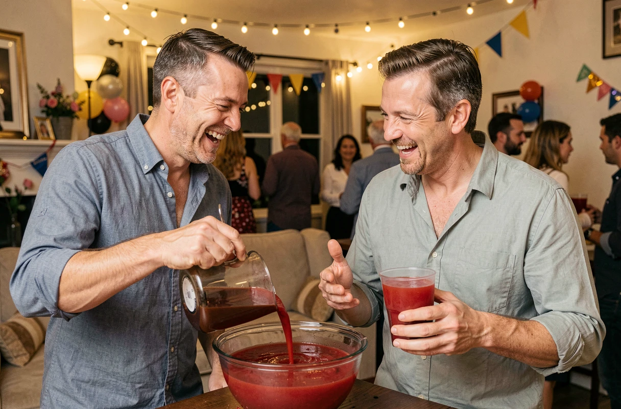 Deux hommes se servant du punch Jacqueline dans un bol de 10 litres lors d'une soirée festive en intérieur