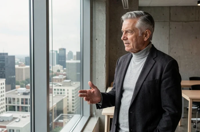 Jean-Louis Garret en discussion professionnelle dans un espace moderne avec vue sur la ville, illustrant ses activités entrepreneuriales et son réseau d'affaires