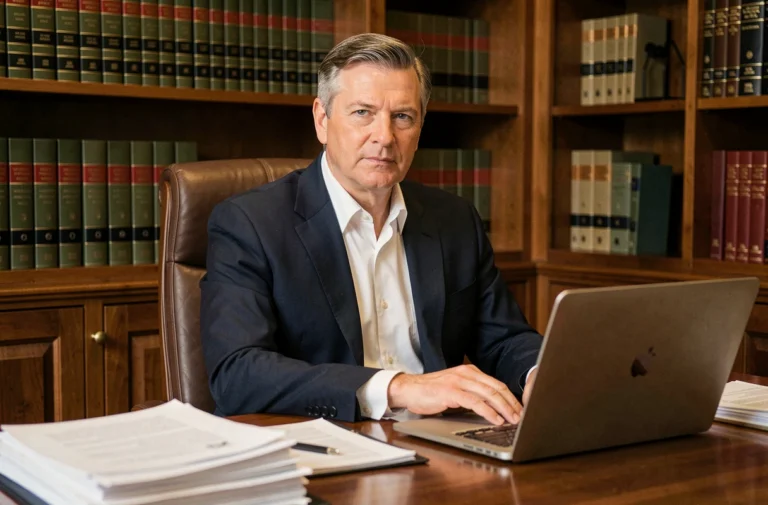 Portrait professionnel de Jean-Louis Garret dans son bureau, homme d'affaires expérimenté en costume marine assis à un bureau en bois avec documents et ordinateur portable