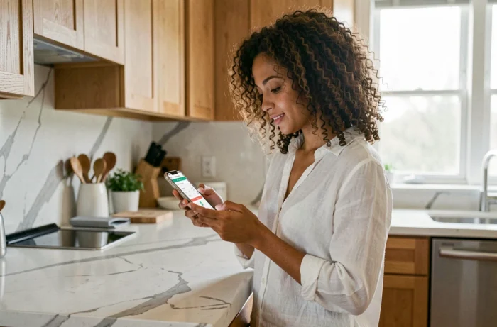 Jeune femme consultant un site de santé bien organisé sur smartphone dans une cuisine moderne