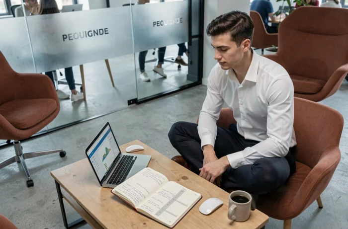 Jeune professionnel en espace de coworking avec agenda papier et ordinateur portable pour une gestion optimale du temps et des tâches bureautiques