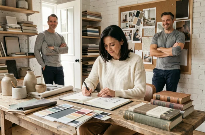 Joanna Gaines dans son studio de design en 2026, entourée d'échantillons de tissus et de matériaux, avec Chip en arrière-plan