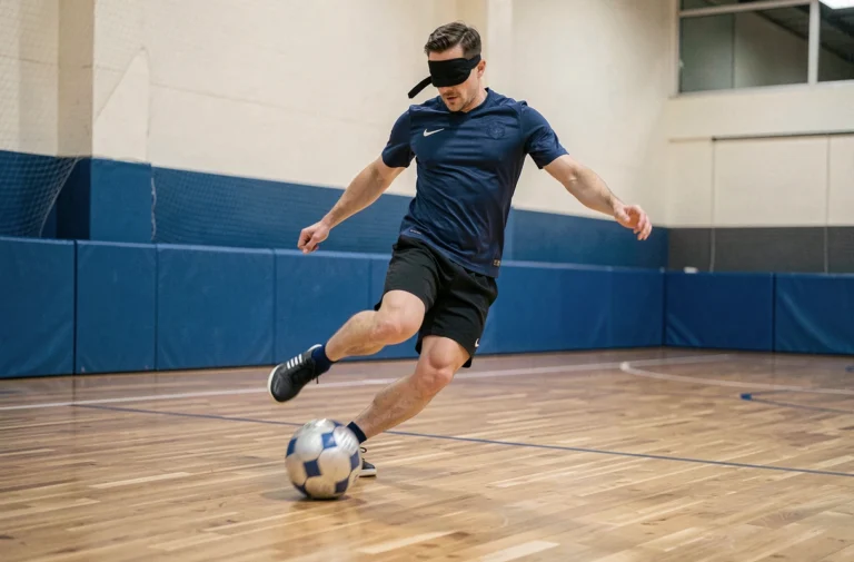 Joueur de cécifoot malvoyant en action sur un terrain intérieur, bandeau réglementaire sur les yeux, frappant un ballon sonore lors d'un entraînement