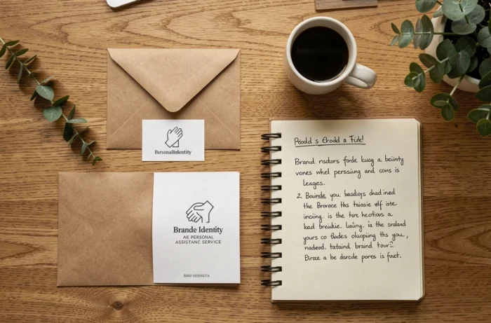 Kit d'identité visuelle complet pour un service à la personne avec logo, cartes de visite et brochure disposés en flat-lay sur un bureau en bois