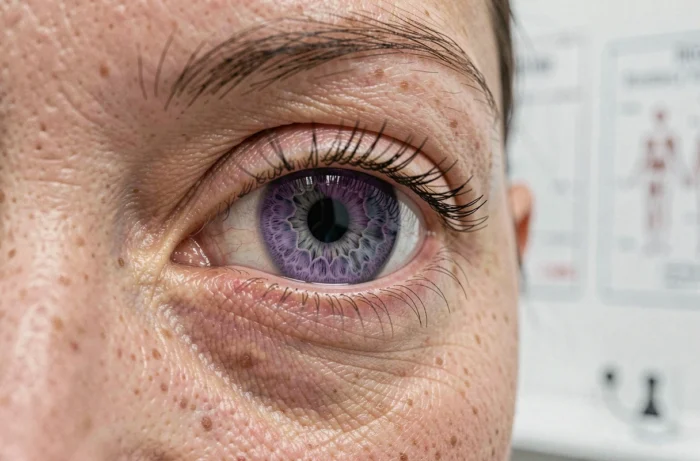 Macro photographique d'un œil humain aux reflets violets illustrant l'étude scientifique des pigmentations d'iris rares